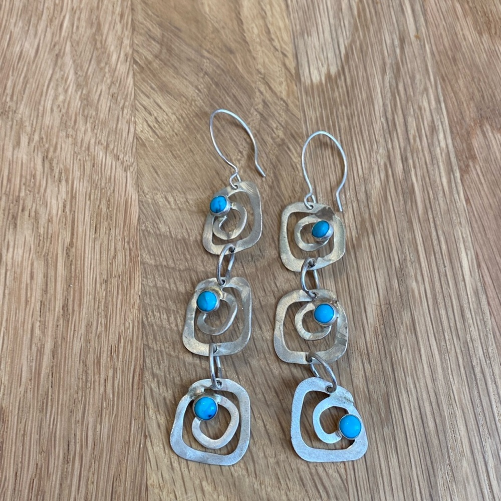 ARTISAN long dangle earrings. Silver-toned with blue stones. Whimsical and fun!
